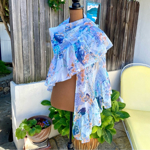 Floral Botanical Chiffon Shawl Wrap Ruffled Edge Sheer Blue/Pink/Copper - Picture 13 of 14